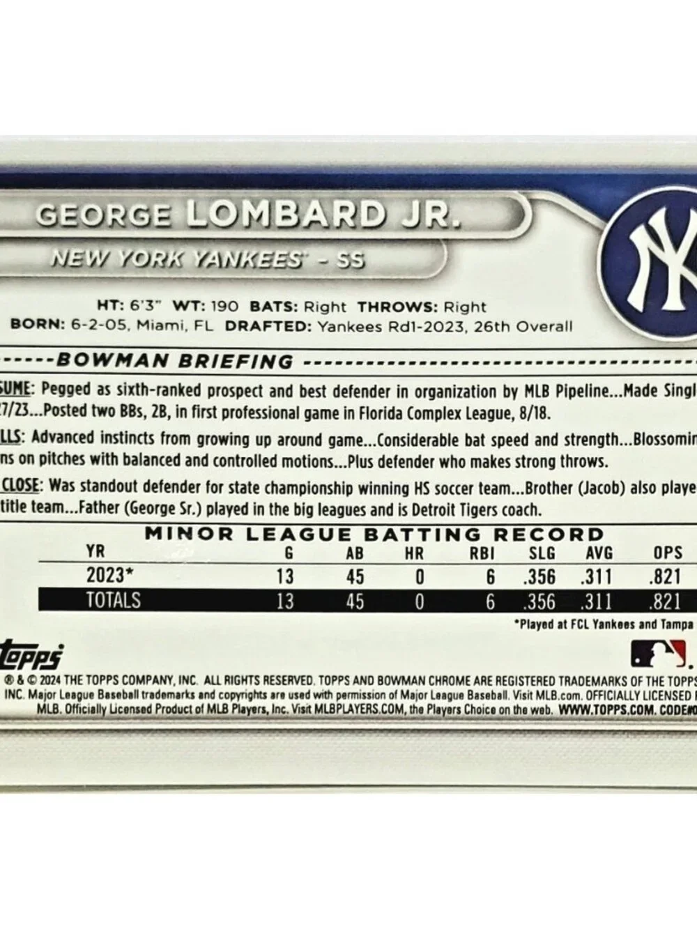 GEORGE LOMBARD JR ROOKIE MOJO REFRACTOR 